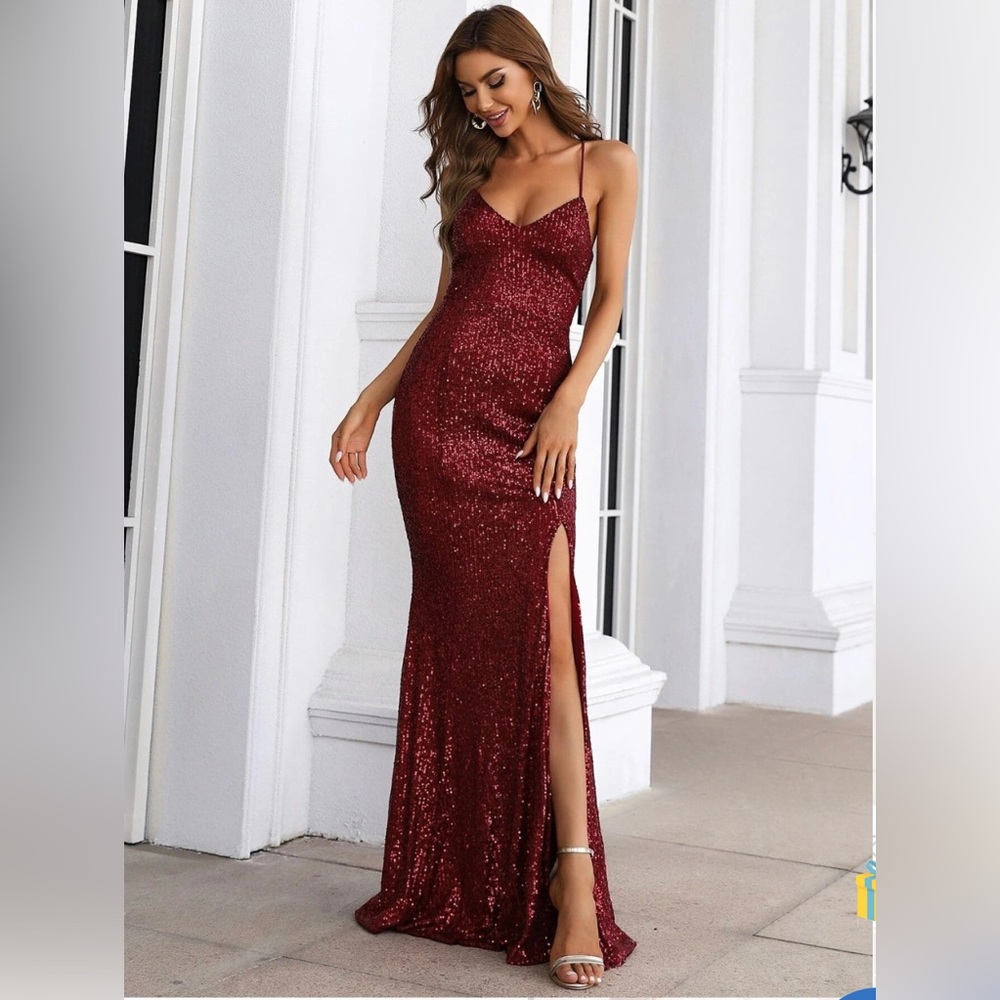 Maroon Sequin Lace-up Back Prom Dress with Slit